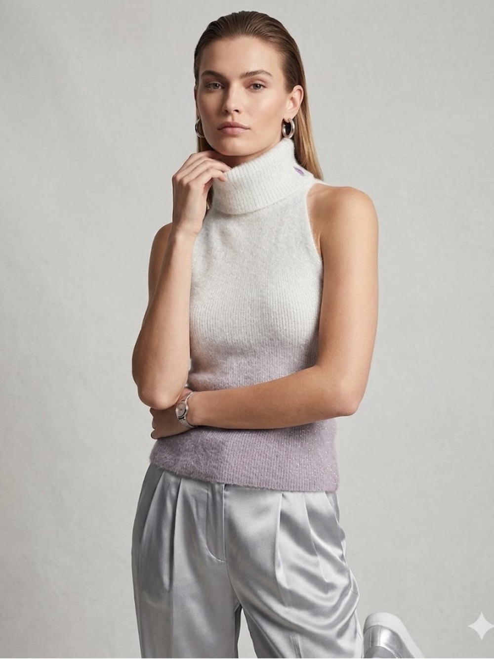Bebe 90’s Rare Metallic Lavender Ombré Angora Sleeveless Turtleneck Sweater Top